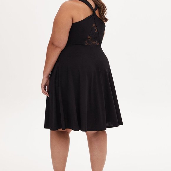 Black Crepe Twist Lace Back Skater Dress - Picture 2 of 8